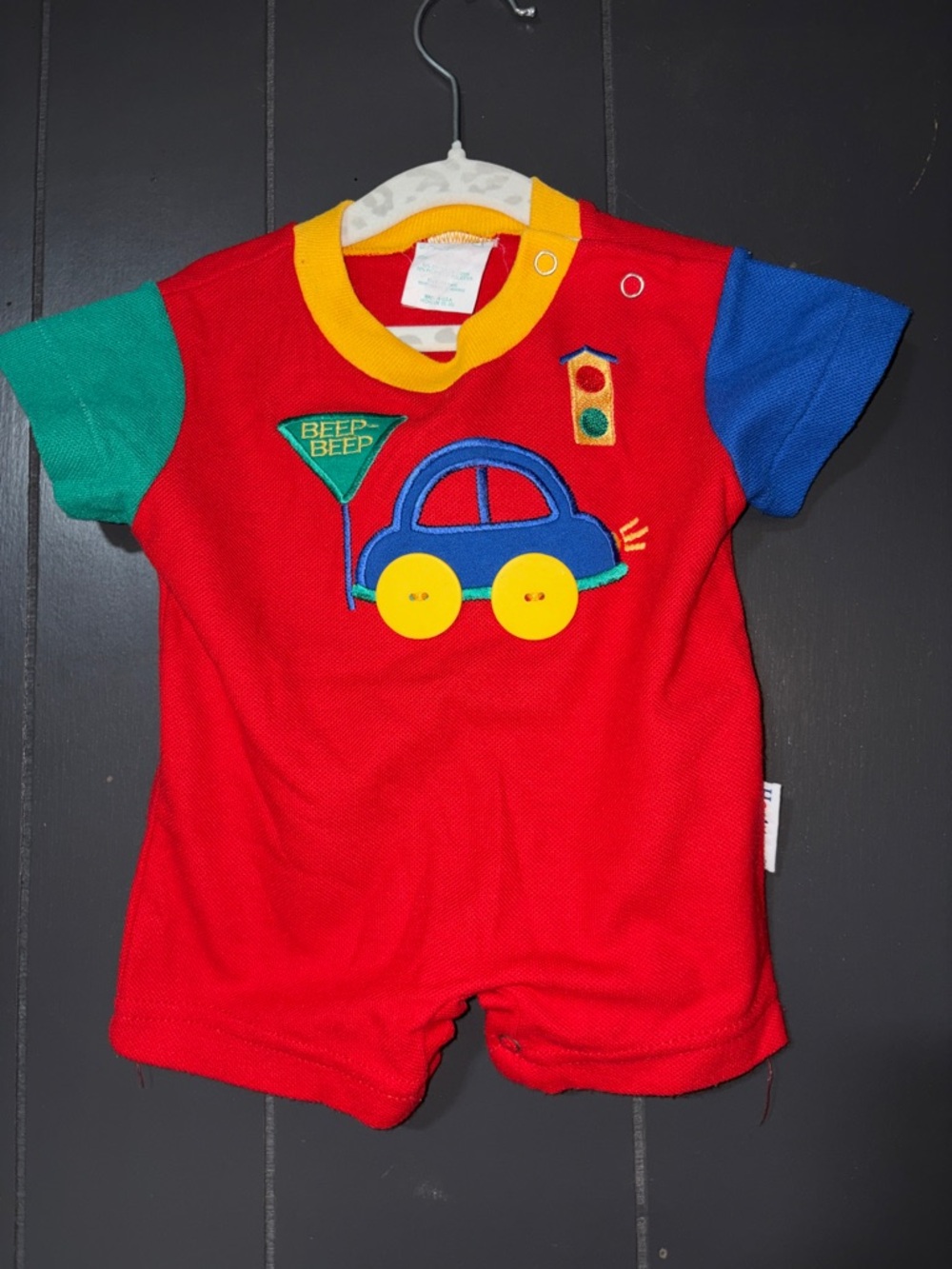 healthtex Red Short-Sleeve Romper with Blue Car Applique and Yellow Accents